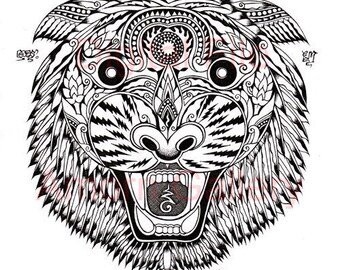Digital File Download, Prints Art,Thai traditional art of Tiger face talisman by print(Black Color).