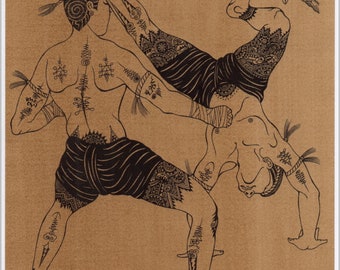 Thai traditional art of Thai boxing by printing on sepia paper.