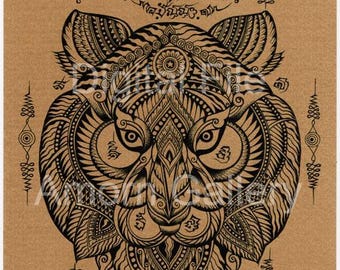 Digital File Download, Prints Art,Thai traditional art of Tiger face talisman by print(Sepia Color).