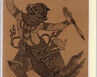 Thai traditional art of Hanuman by printing on sepia paper cards.