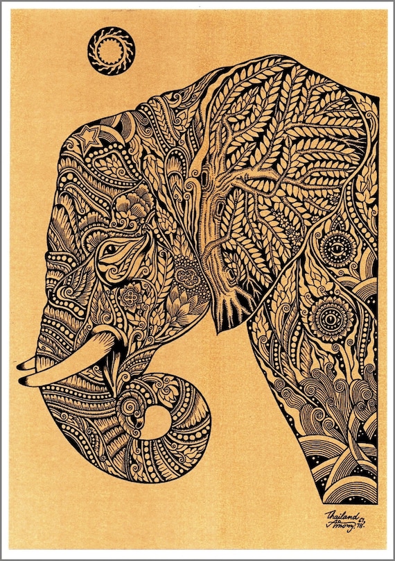 Thai Traditional Art of Elephant by Printing on Sepia Paper