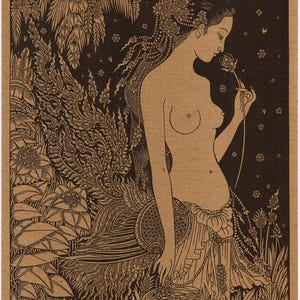 Thai traditional art of Kinnaree by printing on sepia paper