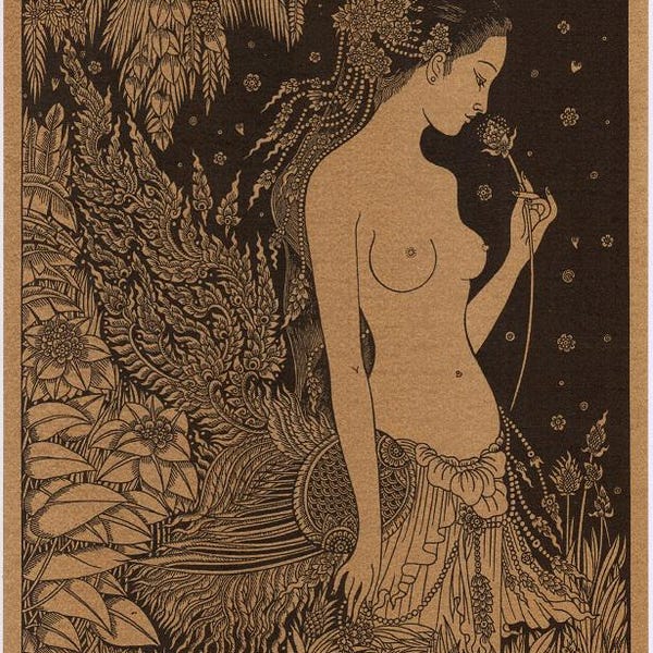 Thai traditional art of Kinnaree by printing on sepia paper