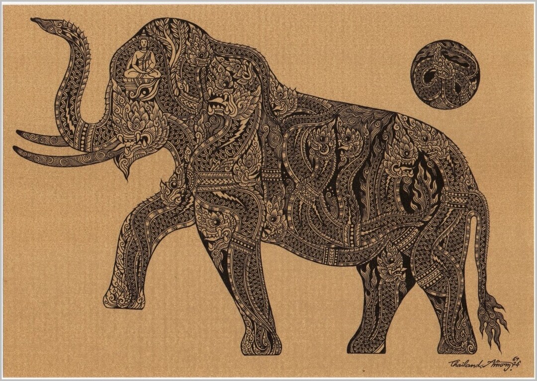 Thai Traditional Art of Elephant(naga) by Printing on Sepia Paper