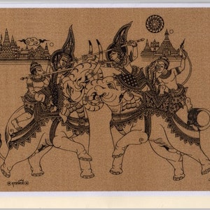 Thai traditional art of War elephant by printing on sepia paper card.