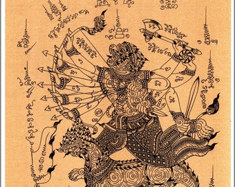 Thai traditional art of Hanuman by printing on sepia paper