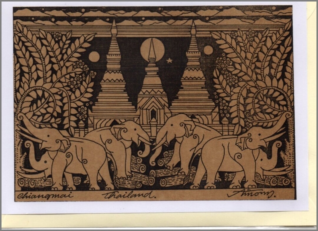 Thai Traditional Art Elephant by Printing on Sepia Paper Card - Etsy