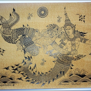 Thai traditional art of Hanuman arrested Suvannamaccha by printing on sepia paper