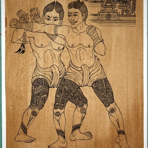Thai traditional art of Thaiboxing by ( Zigzag ) printing on sepia paper