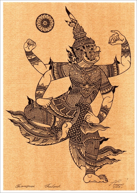 セピア色の紙に印刷したタイの伝統的な巨人アート。 - Etsy 日本