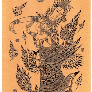 May include: Black and white line drawing of a woman in a traditional Thai costume, with intricate floral and geometric patterns. The woman is depicted in a graceful dance pose, with her arms outstretched and her head tilted to the side. The background is a light brown color, and the image is signed "Chiangmai Thailand" in the lower right corner.