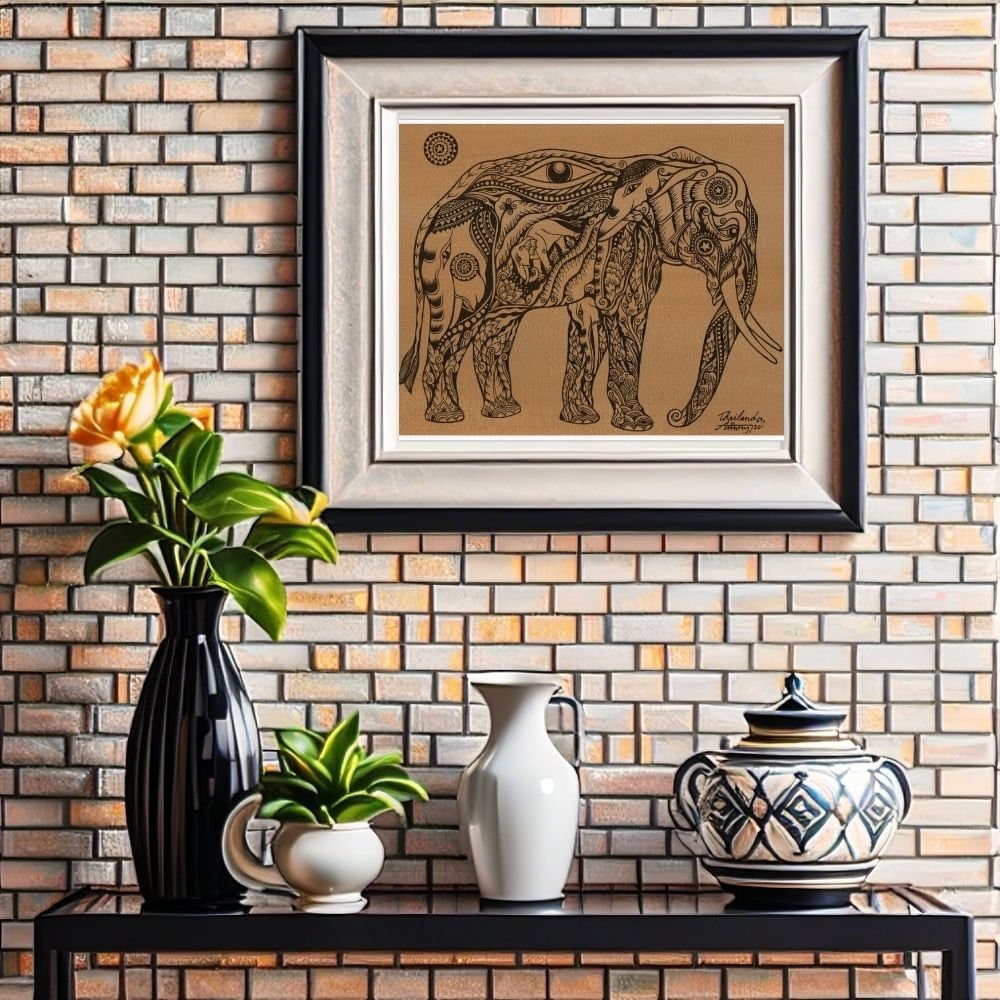 Thai Traditional Art of Elephant by Printing on Sepia Paper