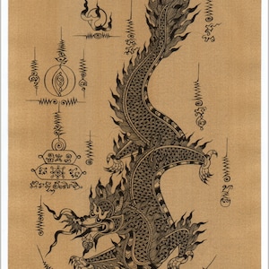 Thai traditional art of Dragon contortionist by printing on sepia paper.