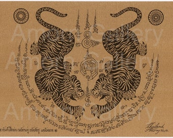 Digital File Download, Prints Art,Thai traditional art of Tiger Leap (Tiger pairs) print(Sepia Color).