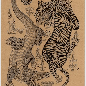 Thai traditional art of Talisman by printing on sepia paper.