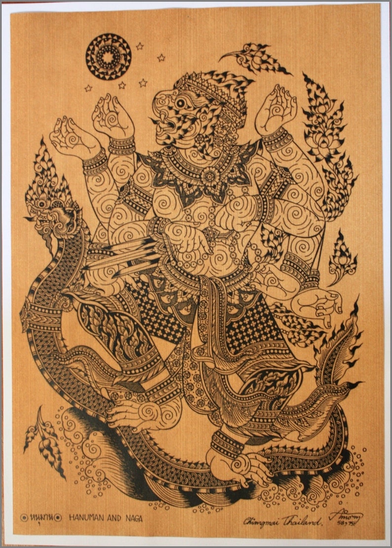 Thai Traditional Art of Hanuman and Naga by Printing on Sepia Paper - Etsy