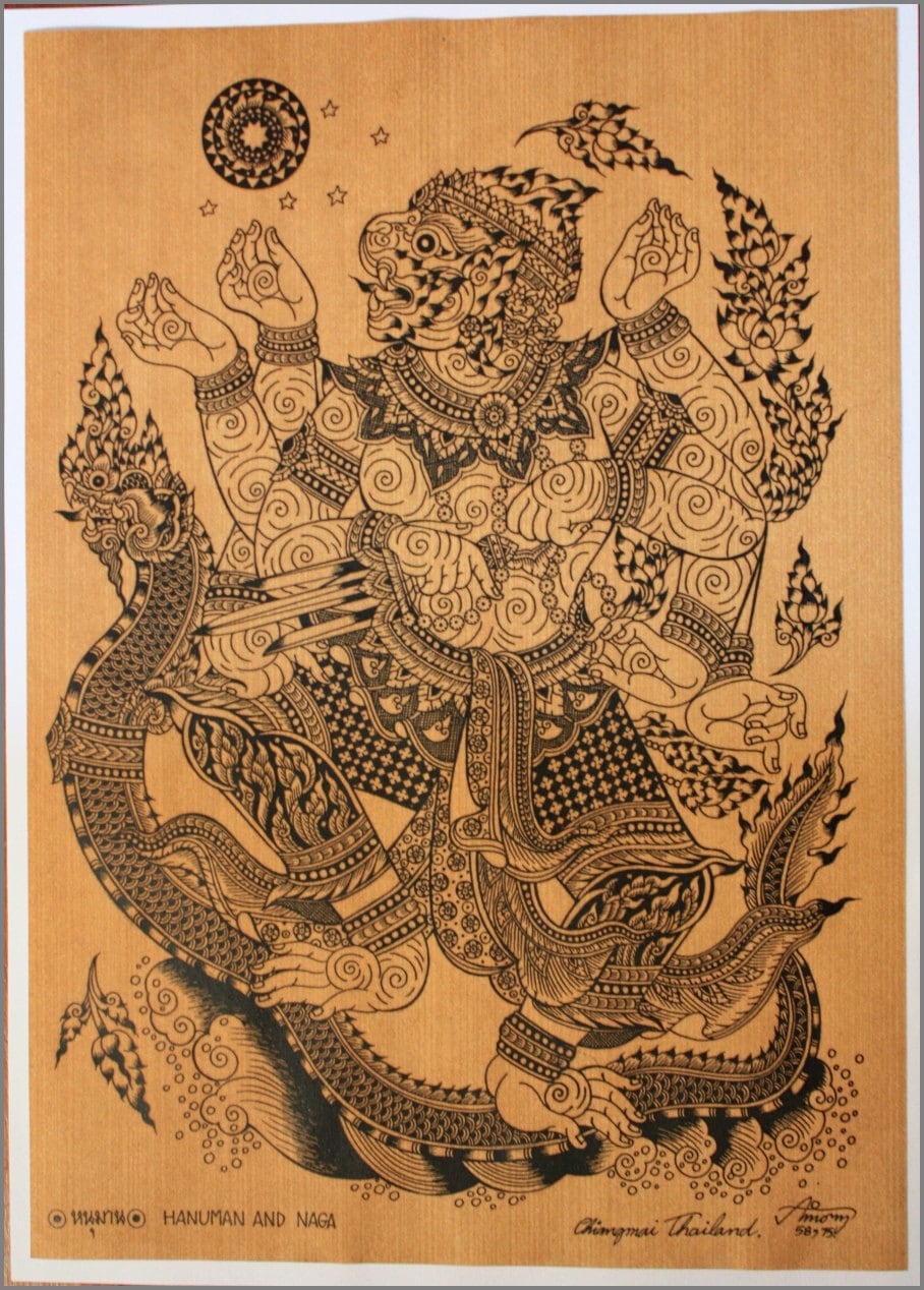 Thai Traditional Art of Hanuman and Naga by Printing on Sepia