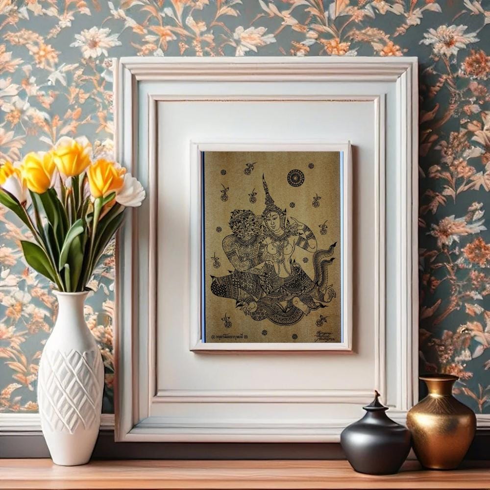 タイの伝統的なハヌマーンアートをセピア色の紙に印刷して、MRS