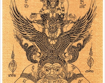 Thai traditional art of Garuda Vishnu by silkscreen printing on paper
