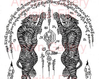 Digital File Download, Prints Art,Thai traditional art of Tiger Leap (Tiger pairs) print(Black Color).