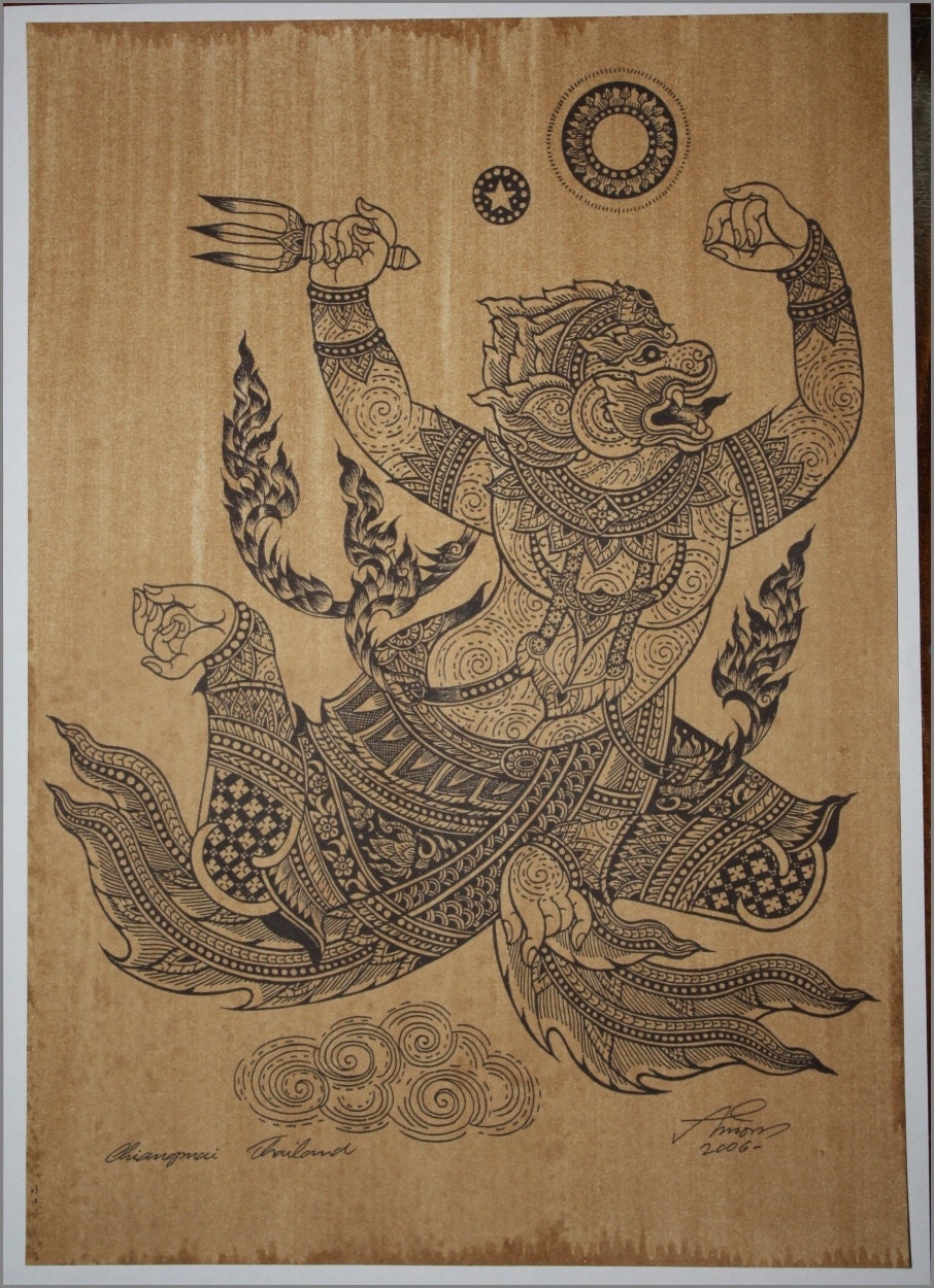 Thai Traditional Art of Hanuman by Printing on Sepia Paper - Etsy