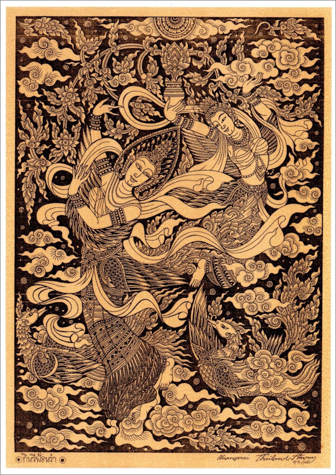 Thai Traditional Art of Kinnaree by Printing on Sepia Paper picture