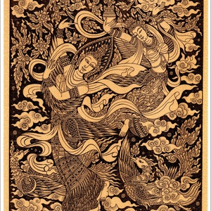 Thai traditional art of Kinnaree by printing on sepia paper