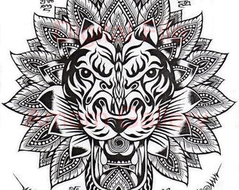 Digital File Download, Prints Art,Thai traditional art of Tiger face talisman by print(Black Color).