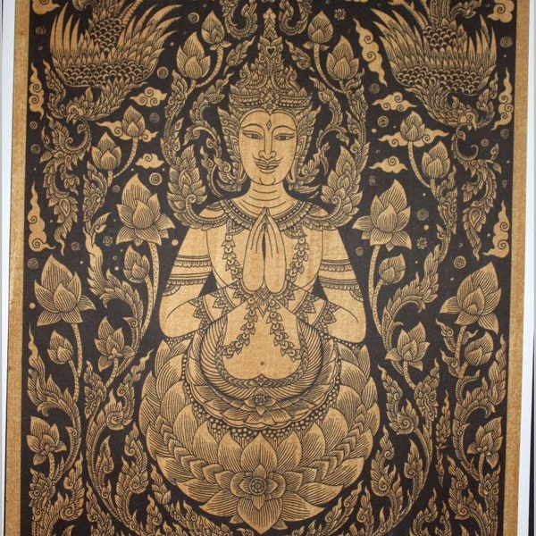 Thai traditional art of Deity by silkscreen printing on sepia paper
