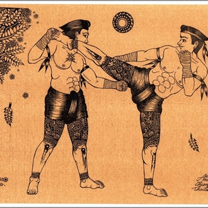 Thai traditional art of Thai boxing by printing on sepia paper