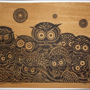 Thai traditional art of Owls by printing on sepia paper.