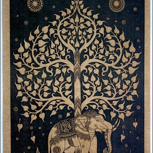 Thai traditional art of Bodhi tree by printing on sepia paper.