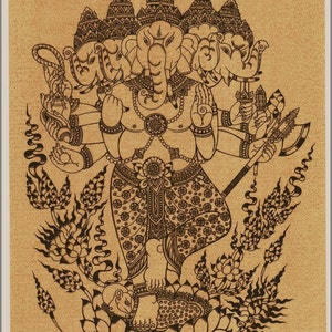 Thai traditional art of Ganesha printing on sepia paper.