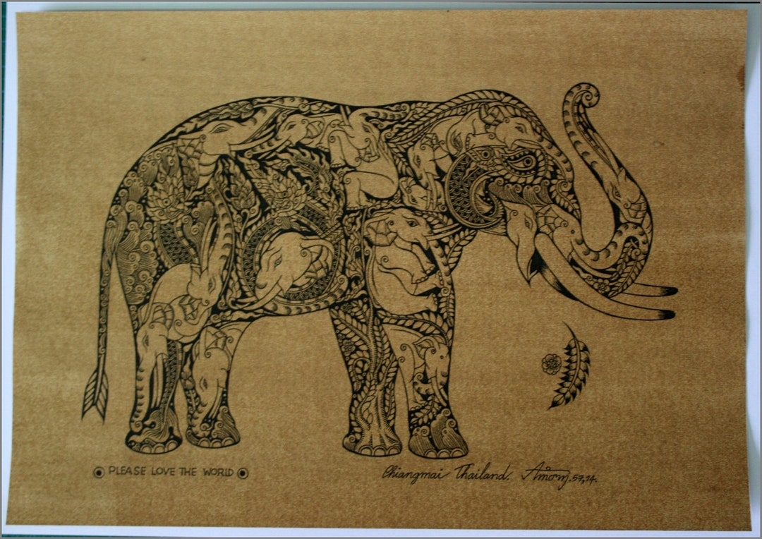 Thai Traditional Art of Elephant by Printing on Sepia Paper - Etsy