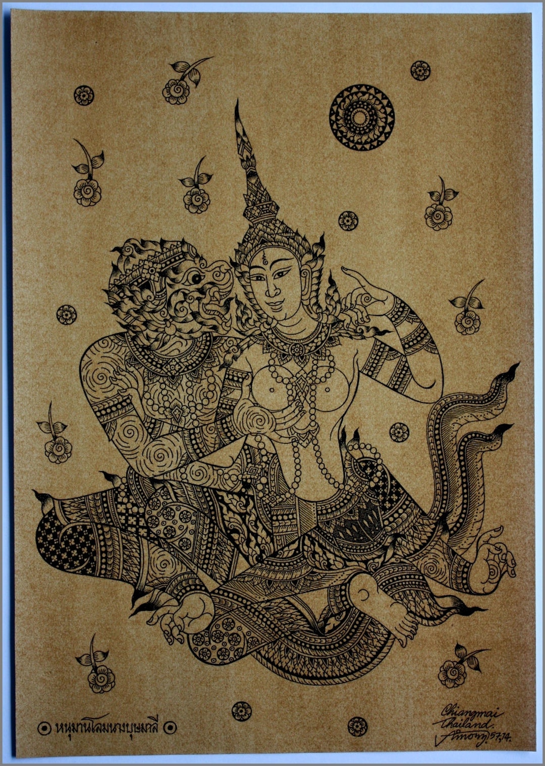 絵画　バディマ　釣人 タイの伝統的なハヌマーンアートをセピア色の紙に印刷して、MRS