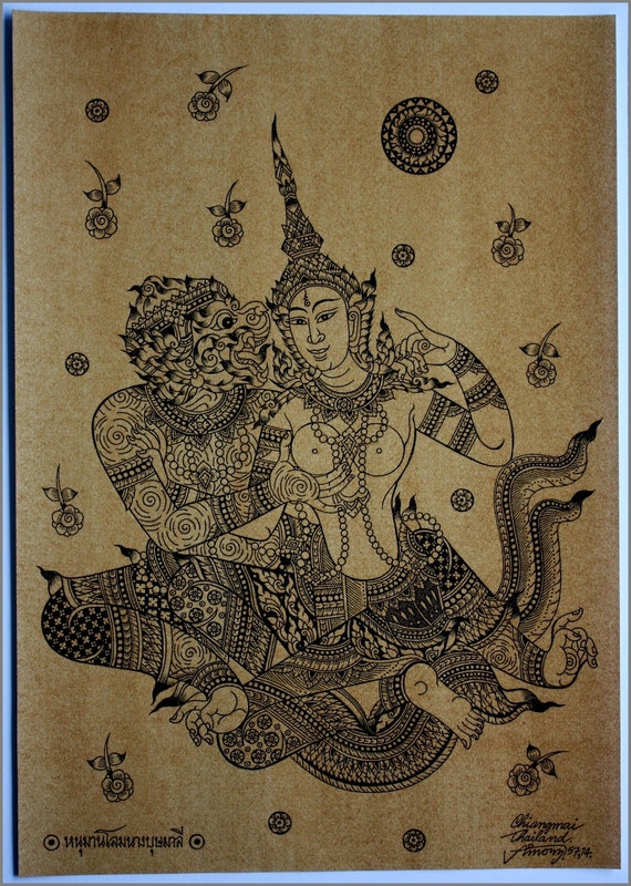 アート作品 女性肖像画 曼荼羅模様 ハヌマーン降臨　プラクルアン　無敵と富　繁栄 タイの伝統的なハヌマーンアートをセピア色の紙に印刷して、MRS