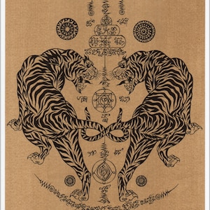 Thai traditional art of Talisman Tiger Leap (Tiger pairs) by printing on sepia paper.