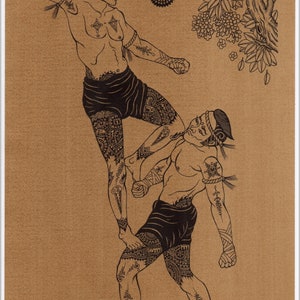 Thai traditional art of Thai boxing by printing on sepia paper.