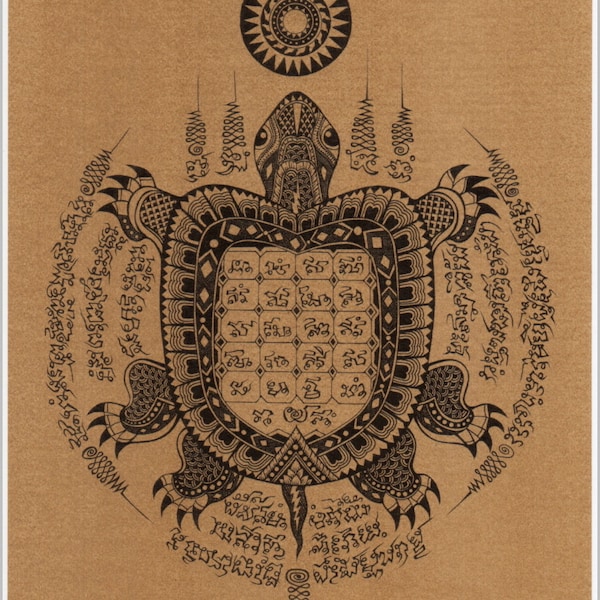 Thai traditional art of Talisman (Turtle) by printing on sepia paper.