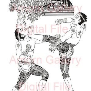 Könnte beinhalten: Schwarz-Weiß-Illustration von zwei Muay-Thai-Boxern in Aktion. Einer tritt den anderen ins Gesicht, während der andere blockt. Das Bild enthält einen Baum, einen Tempel und Text auf Thailändisch und Englisch.