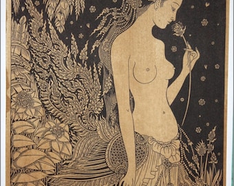 Thai traditional art of Kinnaree by printing on sepia paper