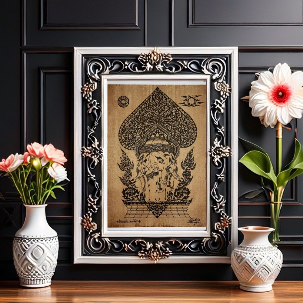 Frottement D'art Traditionnel Thaïlandais Sur Papier De Riz, Guerrier à Dos D'éléphant, Vintage, Paire