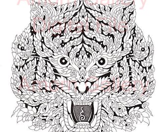 Digital File Download, Prints Art,Thai traditional art of Tiger face talisman by print(Black Color).
