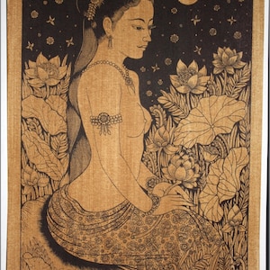 Thai traditional art of Apsara by printing on sepia paper.