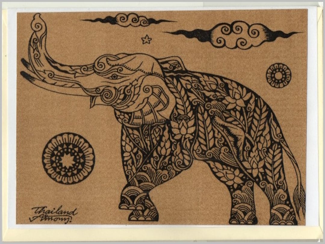 Thai Traditional Art Elephant by Printing on Sepia Paper Card. - Etsy