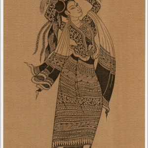 Thai traditional art of Lanna Dancer by printing on sepia paper.