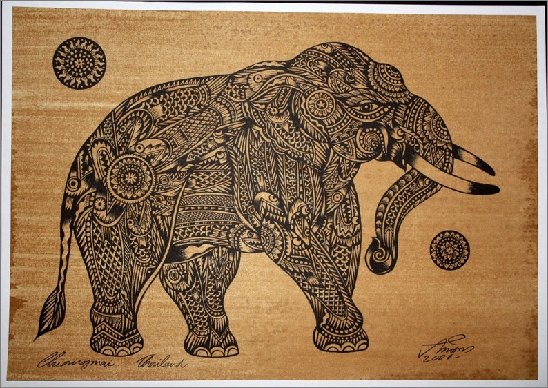 Thai traditional art of Elephant by printing on sepia paper | Etsy