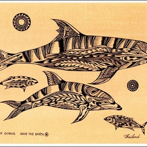Arte tradizionale thailandese del delfino stampata su carta color seppia.