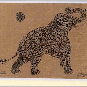 Thai traditional art Elephant by printing on Sepia paper Card.