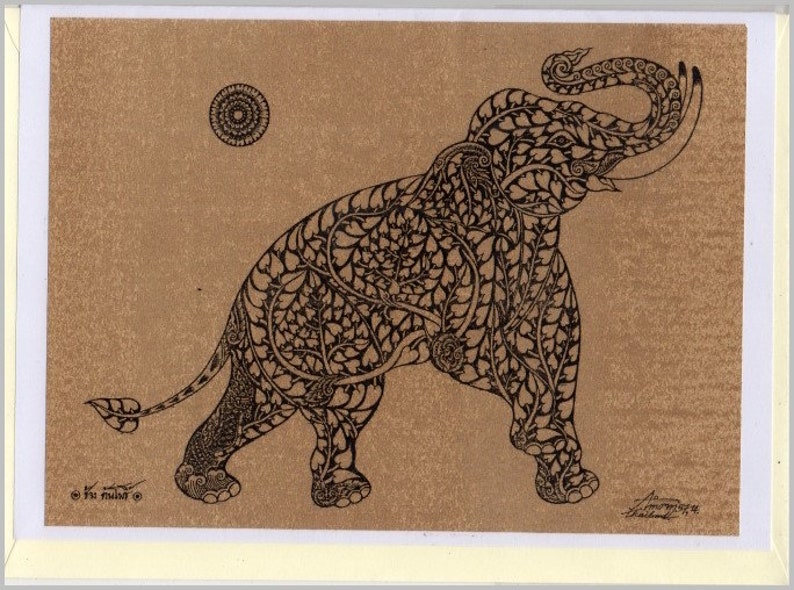 Thai Traditional Art Elephant by Printing on Sepia Paper Card. - Etsy